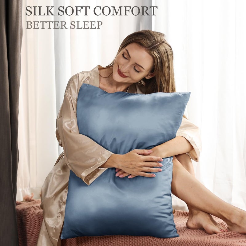 Adubor 100% Silk Pillowcase - Mulberry Silk Pillow Cases, 23 Momme 6A Grade Fibers, Silk Pillow Case for Hair and Skin Health, with Hidden Zipper (King 20''Ã—36'', Gray Blue, 1PC) - Image 2